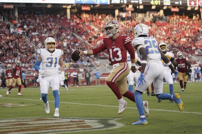 49ers quarterback Brock Purdy runs into the end zone for a touchdown during the first half of a preseason game against the Los Angeles Chargers Friday, Aug. 25, 2023, in Santa Clara. (Godofredo A. Vásquez / ASSOCIATED PRESS)